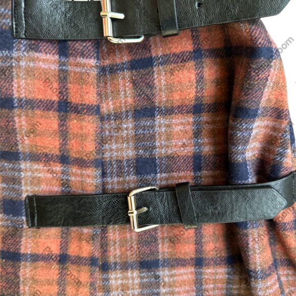 Very J NWT Small Orange & Blue Plaid Faux Wrap Midi Zip Skirt - Picture 2 of 6